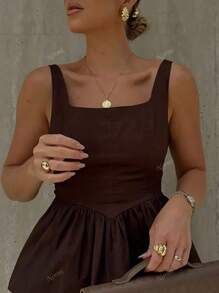 Blusa corta sin mangas de cuello cuadrado elegante con fruncido delantero, de tela tejida de unicolor, para verano