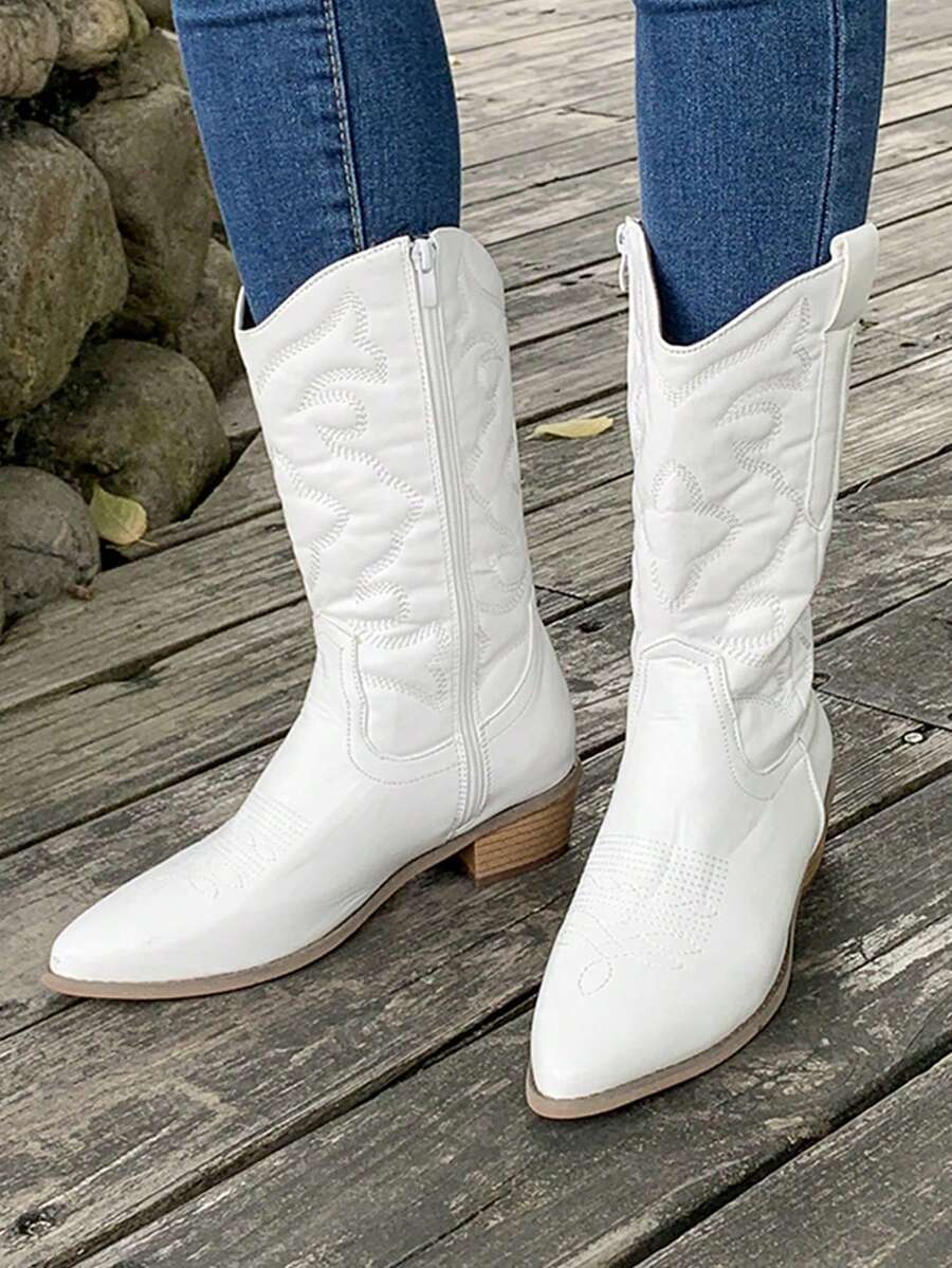 Women's Best-Selling Versatile Embroidered Chelsea Silver Boots - White - View 1
