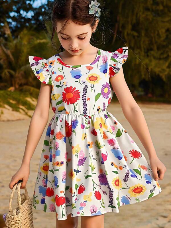 Seven Princess 1pc Girls Casual Comfortable Floral Print Round Neck Cap Sleeve Cinched Waist A-Line Dress, Summer
