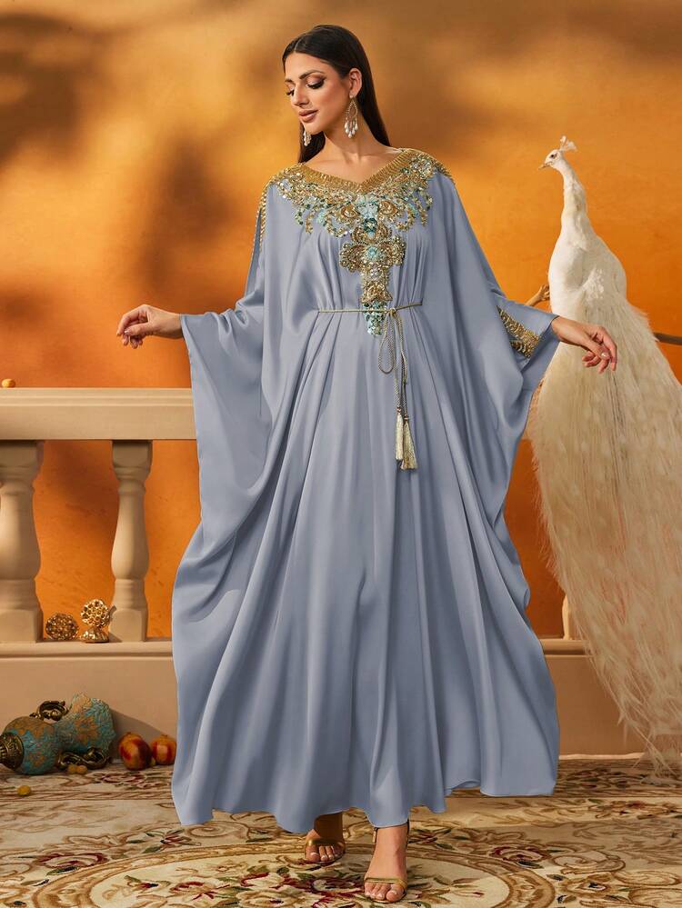 AmazingHoney 奢华蓝色缀饰长款宽袖卡夫坦优雅中东风格长袍，阿拉伯风格女士连衣裙，端庄 - 淺藍 - 查看 8