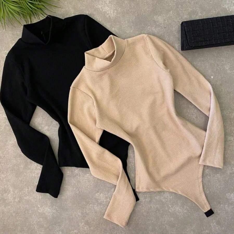 Bodysuit Blouse With High Neck Long Sleeve Ribbed Fitted Basic - Beige - View 1