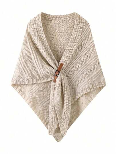 1pc Women's Spring/Autumn Shawl, Beige Leather Buckle Shawl, Thick Triangular Cloak Outwear, Knitted Scarf