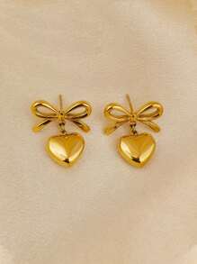 1 Pair Of 18K Gold Stainless Steel Contrast Color Bow-Knot & Heart Pendant Earrings For Women, Fashionable And Versatile, Suitable For Daily Wear, Party, Beach Holiday