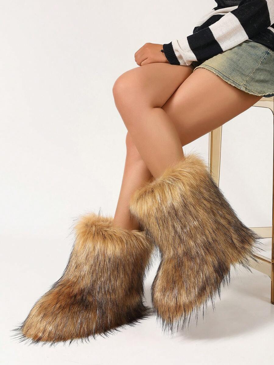 Women's Faux Fur Boot Furry Fluffy Round Toe Suede Winter Comfy Plush Warm Short Outdoor Indoor Flat Shoes Mid-Calf Boots