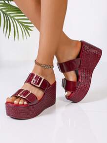 Nuevas sandalias de tacón alto y plataforma antideslizante para mujeres, de tacón grueso y punta abierta, de color burdeos brillante, zapatos de cuña de verano con suela gruesa