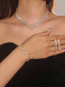 1 pièce Ensemble de bijoux de mariée tout en diamant à la mode, comprenant colliers, boucles d'oreilles et bracelets, convient pour le port quotidien des femmes, les mariages, les fêtes, etc.