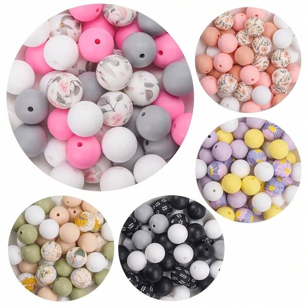 40pcs 15mm Colorful Printed Round Silicone Beads, Suitable For DIY Crafts, Keychains, Jewelry Making, Bracelets And Necklaces - Fashionable Decor