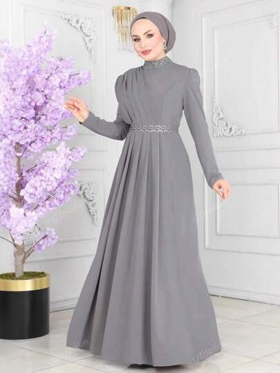 Fashiona Solid Color Women's Gorgeous And Luxurious Feeling, Waist Closing Arabic Long Dress