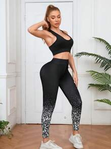 1 Set Sports Outfit, Gradient Random Letter Print Leggings, Racerback Sports Bra, Tight Fit Slimming