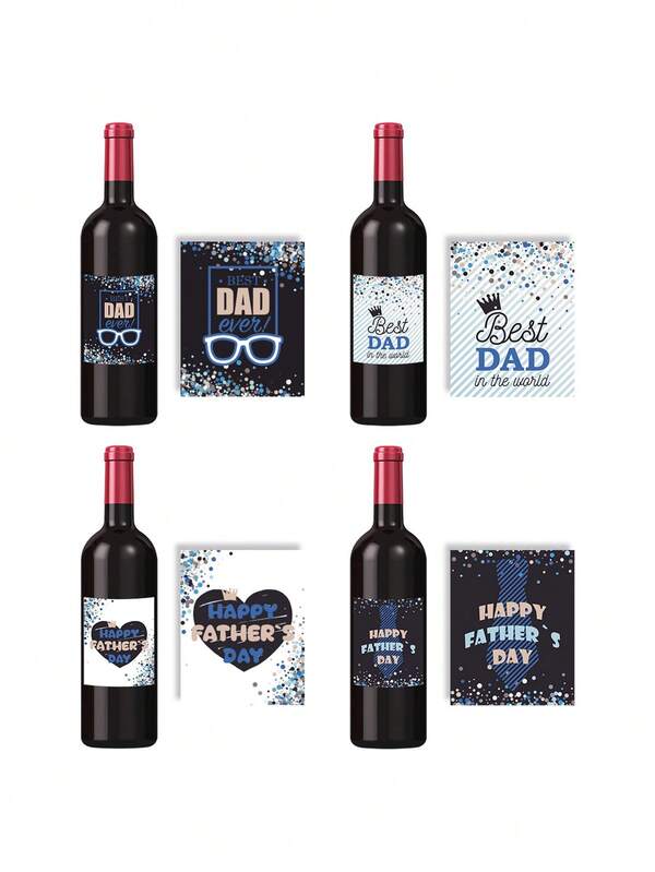 5/8/10/12pcs 4 Styles Of Creative Father's Day Personalized Wine Bottle Self-Adhesive Stickers, Blue Tie And Heart-Shaped Design Father's Day Theme Party Label Stickers, Suitable For Father's Day Celebrations, Father's Day Wine Labels, Party Atmosphere Decoration, Style Mix