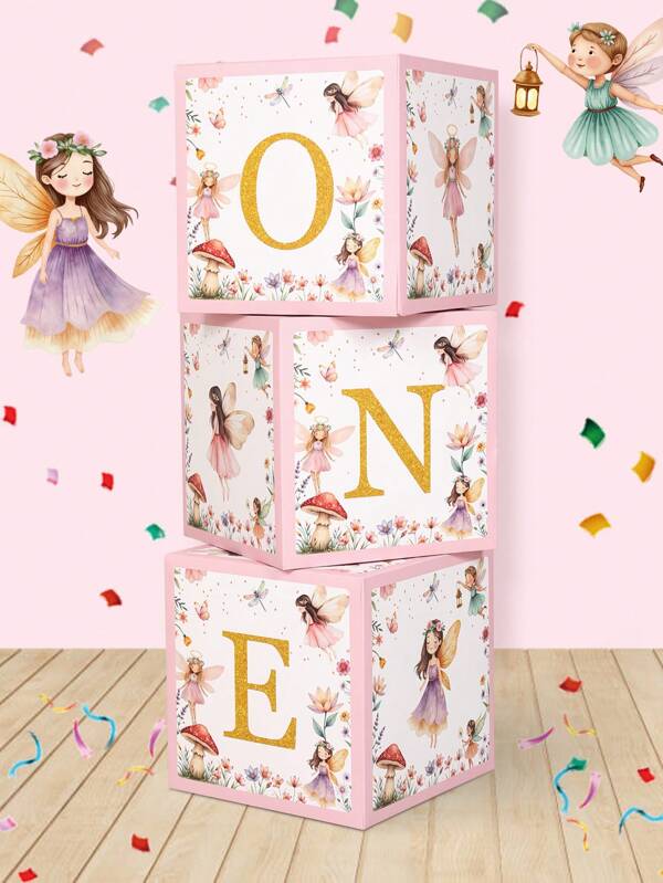 3pcs/Set 27cm 1st Birthday Pink Birthday Surprise Box, Flower Fairy ONE Pattern Gift Box, 1st Birthday Party Room Background Decoration, Birthday Surprise Box, Babe Shower Party Room Decor, Photo Props, Birthday Surprise Gift Party Favors