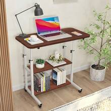 Mesa de Computadora Portátil Ajustable con Ruedas, 80cm, Escritorio de Cama para Hospital, Home Office, Escritorio Portátil con Repisas, Ideal para Laptop, Estación de Trabajo en Casa, Negro - Café - Ver 2