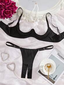 2pcs/Set Plus Size Women Halter Bra & Crotchless Thong Lingerie Set For Rave - Black - View 1