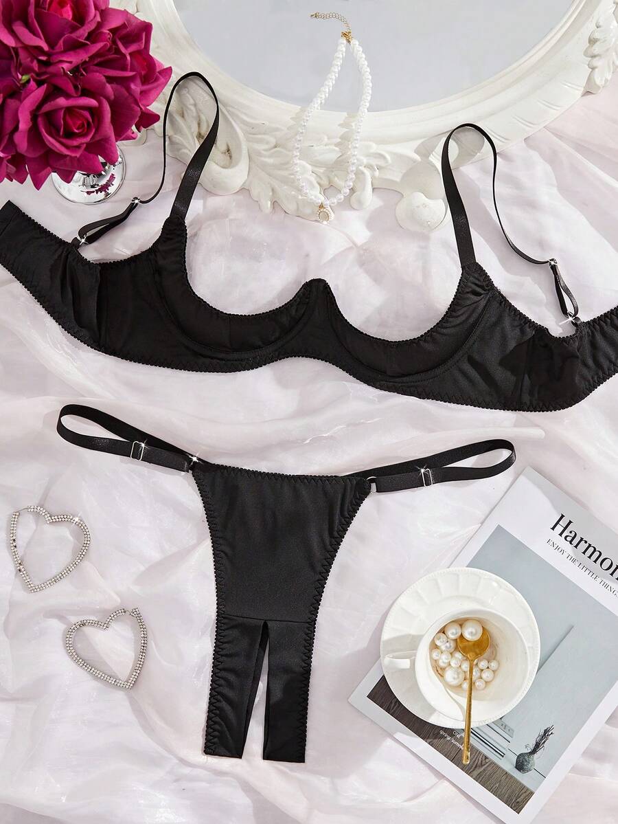 2pcs/Set Plus Size Women Halter Bra & Crotchless Thong Lingerie Set For Rave - Black - View 1