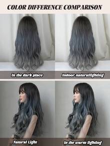 NAMM 26 英寸渐变蓝色女士假发，散落波浪假发，带刘海，深色发根，蓝色至灰色，自然造型，长卷发，合成假发，适合女士日常派对狂欢（可修剪刘海长度） - 漸層藍色 - 查看 7