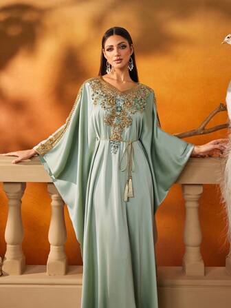 AmazingHoney 奢华薄荷绿色缀饰长款宽袖卡夫坦优雅中东风格长袍，阿拉伯女式长袍，阿巴雅长袍，端庄