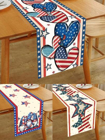 1pc Independence Day Theme Table Runner, Striped & Star Gnome Pattern Polyester Table Runner, Suitable For Independence Day Theme Birthday Party Table Decor, Living Room Decor, Birthday Party Supplies
