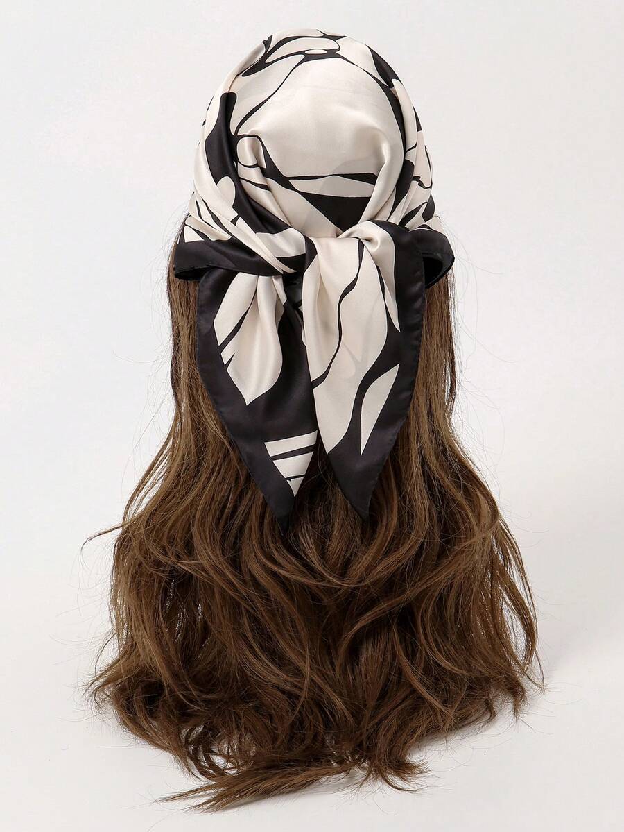 1pc Floral Printed 70cm Square Bandana, Versatile Women's Waist Band, Hair Accessories, Scarf, Fashion Headband For Dress - black beige - View 1