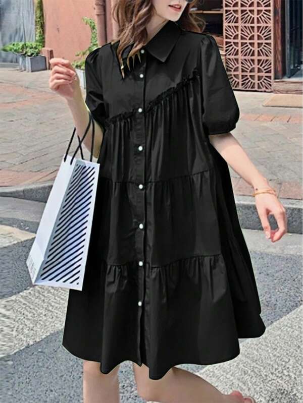 Women's Casual Ruffled Collar Puff Sleeve Knee-Length Shirt Dress