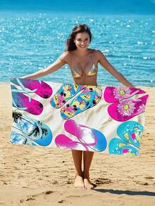 2 件/1 件夏季超大超细纤维沙滩巾，棕榈树、花朵和渐变色图案印在人字拖上，海滩背景，100% 涤纶纤维，强吸水性，针织面料，非常适合游泳池、露营、瑜伽、潜水，59x29.5/47.2x19.68 英寸 - 完美的旅行必备瑜伽巾 | 活力沙滩巾 | 速干面料假日浴室装饰海滩必需品