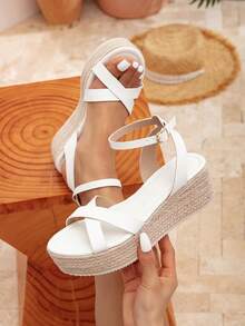 Women's Rope Woven Sandals, Vacation Style Wedge Heel Platform Thick Canvas Sole Ankle Strap Sandals - White - View 7