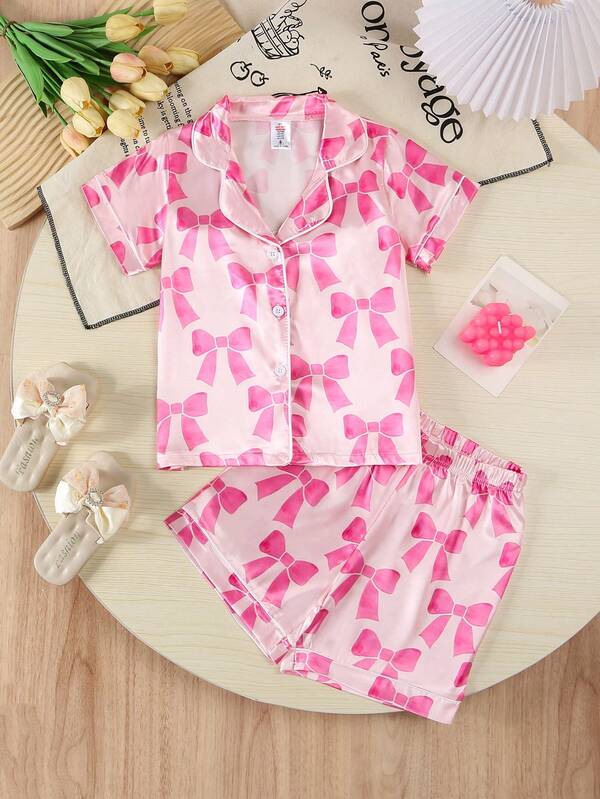 Young Girl Cute Bow Printed Short Sleeve Top And Shorts Set