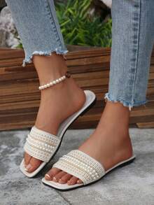 Women's Plus Size Slip-On Rhinestone Decorated Flat Sandals, Casual & Versatile Summer Outdoor Plastic Slippers - Beige - View 2