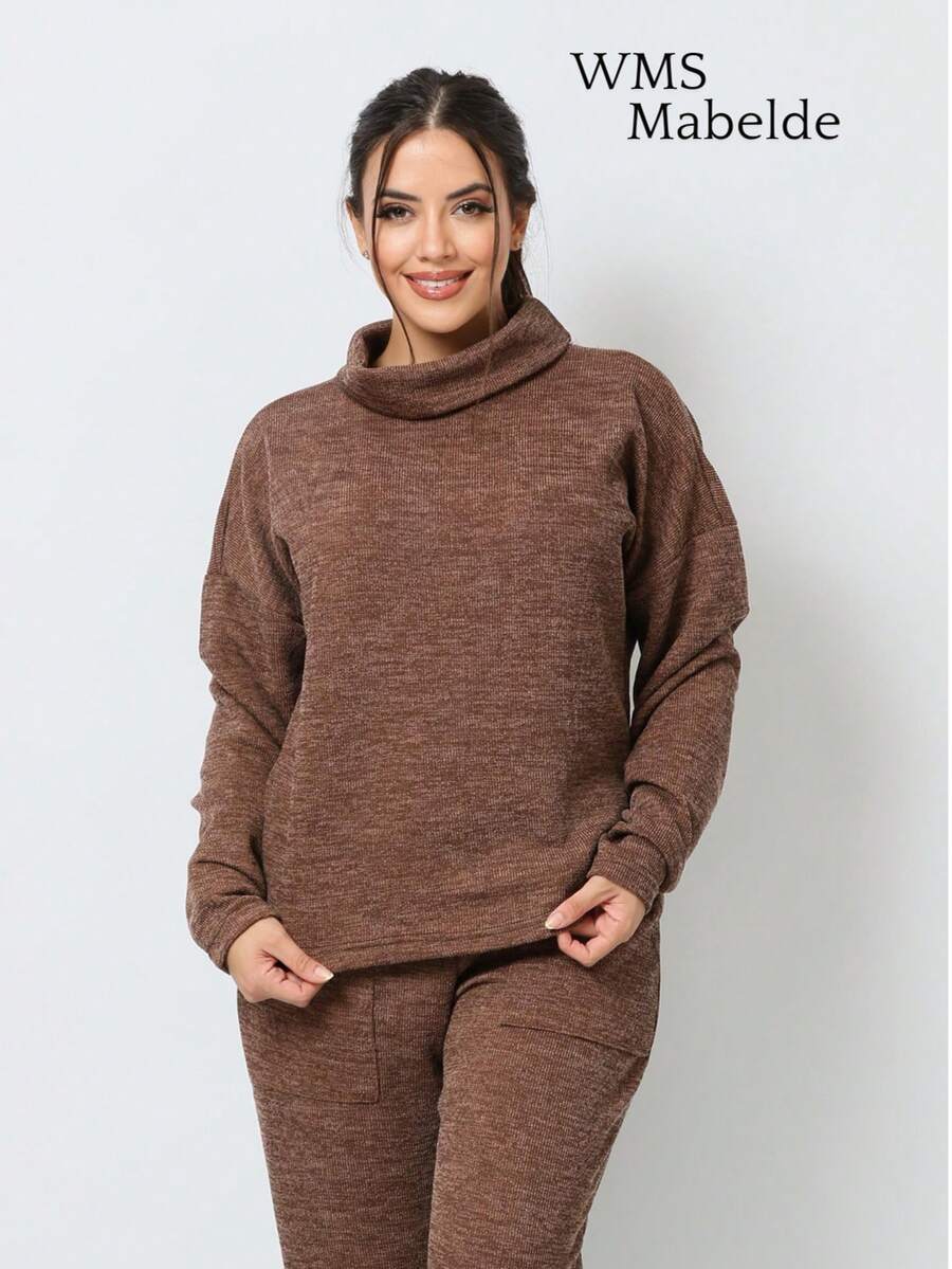 WMS Women's Woolen Ribbed Crew Neck Pants Set SimpleElegantCasualCutePocket - 鏽棕色 - 查看 1