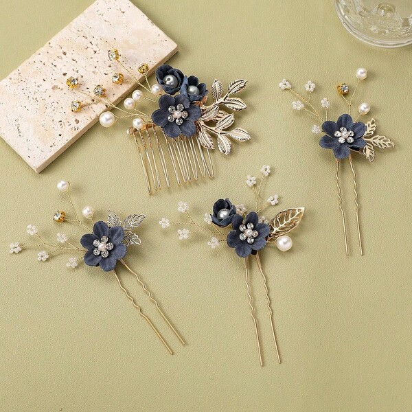 4pcs/Set Women Golden Alloy Leaf Hair Comb, Cloth Flower Hair Clip, Bridal Pearl Crystal Hair Pin Wedding Hair Accessories