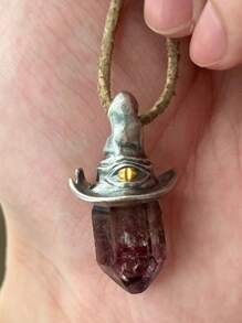 1pc Women Exclusive Vintage Hexagonal Pillar Pendant Necklace With Natural Stone Witch Hat Charm, Simple Personalized Choker For Halloween Party