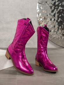 Women's Popular Versatile Embroidered Silver Chelsea Boots - Hot Pink - View 3