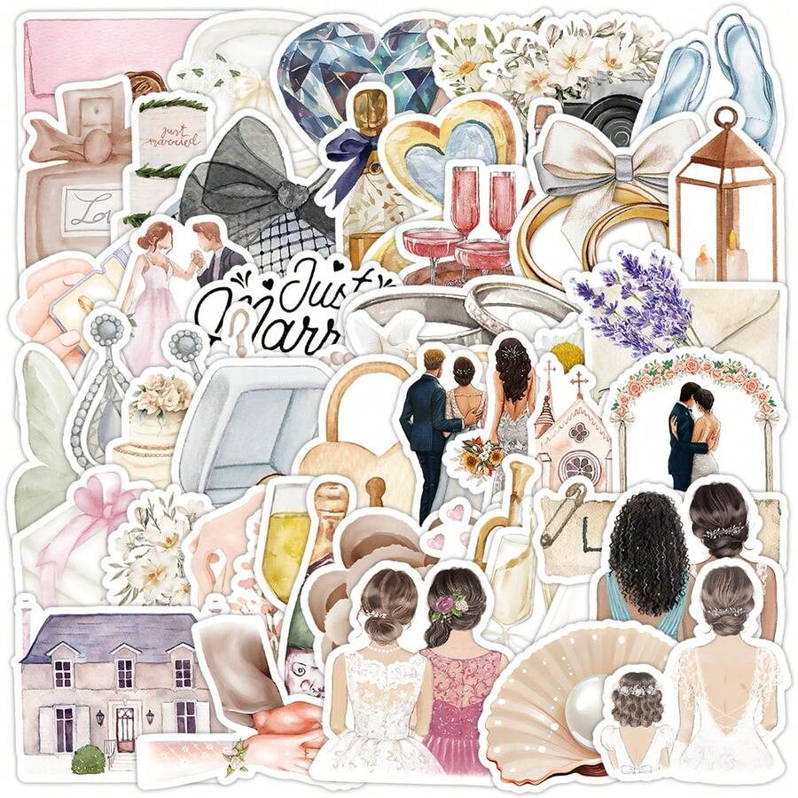 50pcs Cartoon Watercolor Wedding Favor Stickers, Creative Decorative Stickers For Balloons, Phone Cases, Notebooks, Diaries, Wall Decor, Waterproof Vinyl Stickers