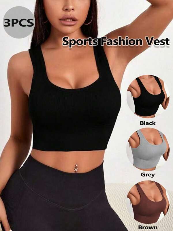 3pcs/Pack Women Ribbed Sports Camisole, Wide Strap Sport Bras, Shockproof Workout Underwear