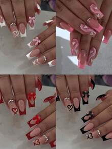 96片（4种混合款式）长棺材形和心形美甲贴片，3D水钻蝴蝶结法式美甲，中号按压式亚克力假指甲套装，包含1瓶甲油胶和1个指甲锉，适合情人节、法式美甲、女性日常、派对、美甲用品 - 彩色 - 查看 3