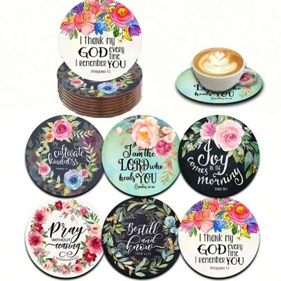 6pcs Set Inspirational Wooden Coasters - Bible Verse, Faith & Spiritual Patterns, Suitable For Coffee, Tea, Drinks - Perfect For Home Decor, Housewarming Gifts