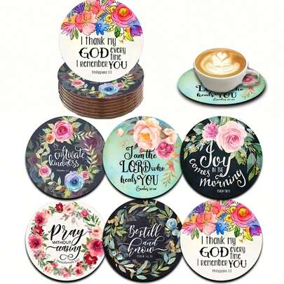 6 件套励志木制杯垫 - 圣经诗句、信仰和精神图案，适合咖啡、茶、饮料 - 非常适合家居装饰、乔迁礼物