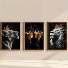 3-delige set Golden Crown & Lion Couple Lovers Canvas Prints, moderne abstracte wandkunst, prints - zonder lijst, dierenposters, eigentijdse woondecoratie voor woonkamer, slaapkamer, kantoor en meer, zonder lijst