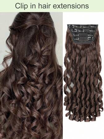 Clip In Hair Extensions, 20 Inch Long Wavy 4PCS Dark Brown Hair Extensions Clip In,Natural Soft Synthetic Fiber Clip In Hairpieces For Women Daily Use