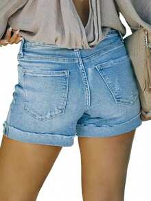 Women's Front Button Pocket Simple Fashion Daily Denim Shorts - Blue - View 3