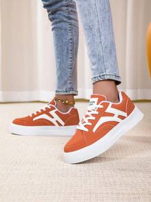 Fashionable Lace-Up Low-Top Sneakers - Women's Lightweight & Comfortable Casual Sports Shoes - Stylish Color Blocking Design - Orange - View 5