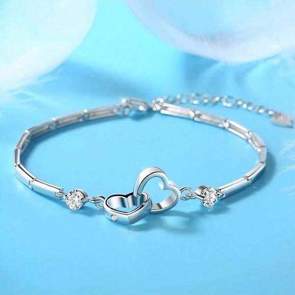 Pulsera de plata de ley, regalo del Día de San Valentín para mujer, pulsera de joyería con doble corazón de circonita cúbica