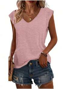3 camisetas de manga corta de unicolor con cuello en V, camisetas casuales para mujer