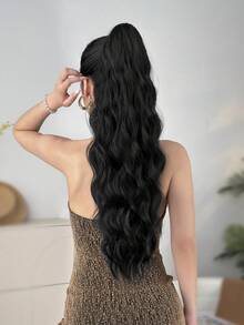 22-24英寸波浪卷发夹式马尾假发，耐热纤维材质，适合日常佩戴和派对场合 - 黑色 - 查看 4