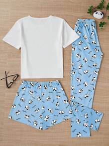 Conjunto de pijama de 3 piezas con estampado de panda, que incluye camiseta de manga corta de cuello redondo, shorts de cintura elástica, pantalones casuales, ropa de dormir y de estar en casa cómoda para mujer