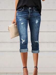 女士优雅通勤风卷边做旧七分牛仔裤，秋季款 - 藍色 - 查看 5