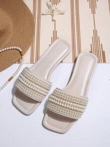 Women's Plus Size Slip-On Rhinestone Decorated Flat Sandals, Casual & Versatile Summer Outdoor Plastic Slippers - Beige - View 5