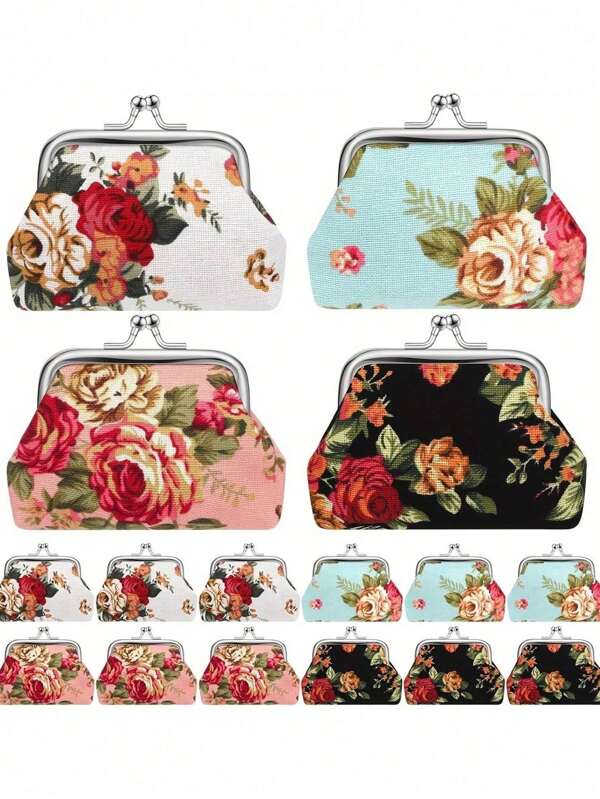 1/4/8 piezas Billetera pequeña retro con rosa, bolsa de monedas con hebilla de tela de lona con flores de poliester para mujer, billetera pequeña, bolsa de maquillaje pequeña, adecuada para uso diario, regalo de novia y regalo de fiesta