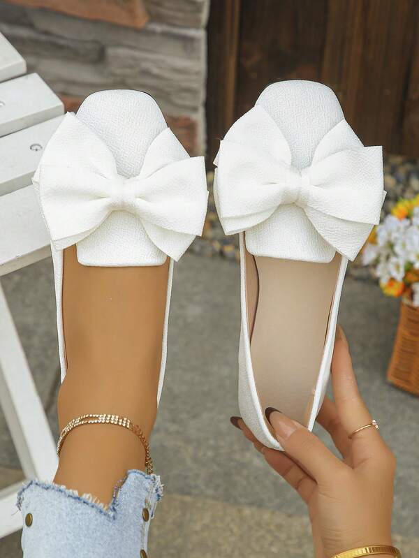 Wide Fit Women's Bowknot Square Toe Extra Wide Width Ballet Flats, Slip-On Comfortable Loafers, Elegant Style For Spring/Summer Everyday, Office, Commute, White Color