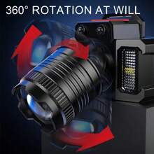 Czołówka z czujnikiem ruchu na zewnątrz + szybkie ładowanie typu C / wodoodporność IPX5, 5 trybów oświetlenia (wysoki/niski/stroboskopowy/boczny/SOS) + obrotowy zoom 360°, wyjście Power Bank + duży wyświetlacz pojemności baterii, latarka czołowa do wędkowania i biwakowania, latarka awaryjna