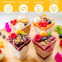 ¡Eid Mubarak! 5 piezas Taza de plástico transparente, taza cuadrada para mousses y postres con tapa y cuchara - Resistente, a prueba de fugas, perfecto para ensalada de frutas, helado, parfait de yogur, pudín, suministros para fiestas, accesorios de vajilla y picnics al aire libre